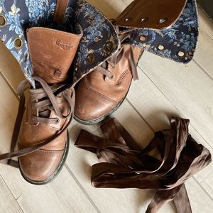 Brown leather Doc Martens with blue floral inside